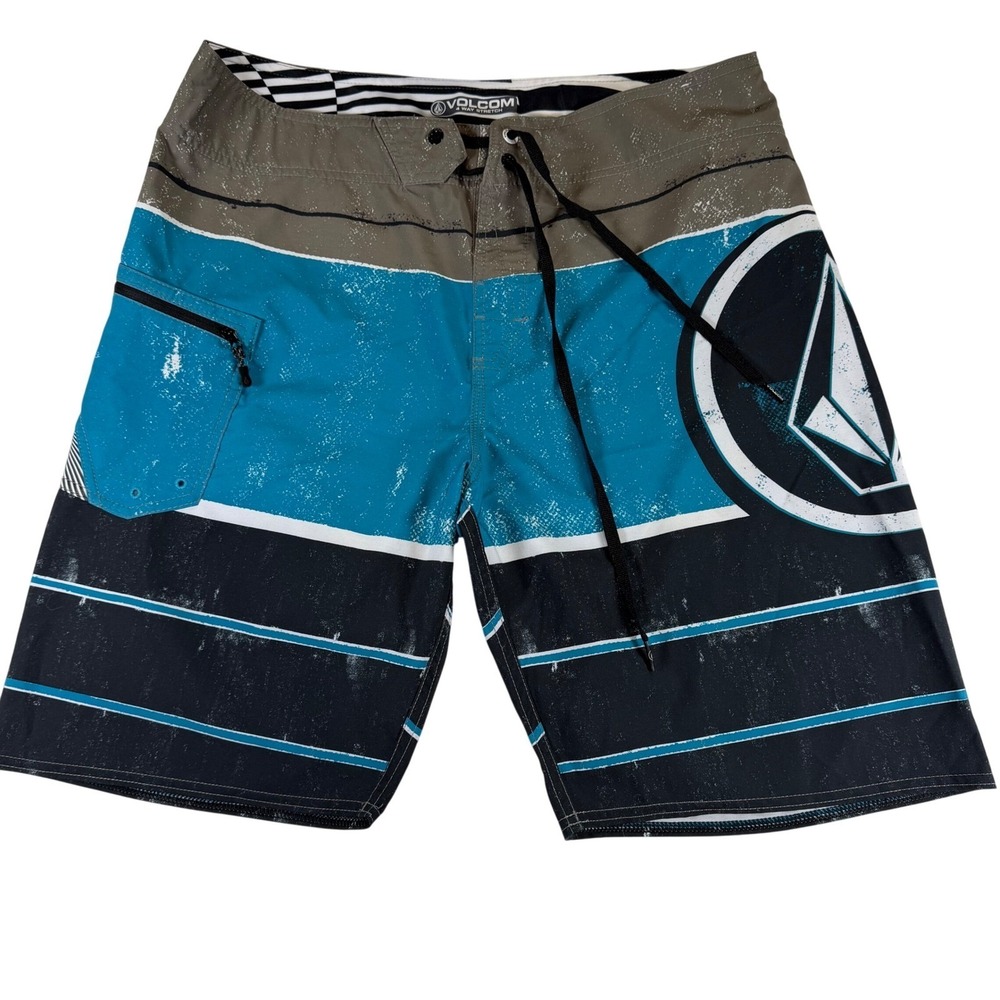 Volcom Lido Ion Board Shorts Mens 34 Teal Black 4-Way Stretch A0811516 Surf Swim